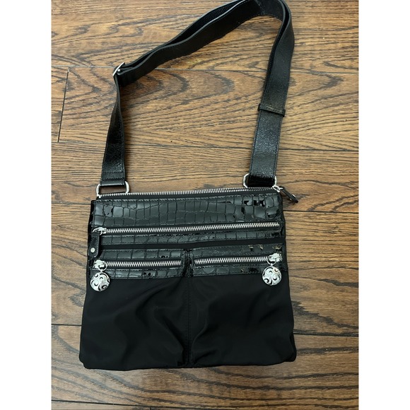 BRIGHTON‎ Go Go Messenger Black Nylon Black Croc Patent Leather Crossbody Bag - Picture 1 of 11